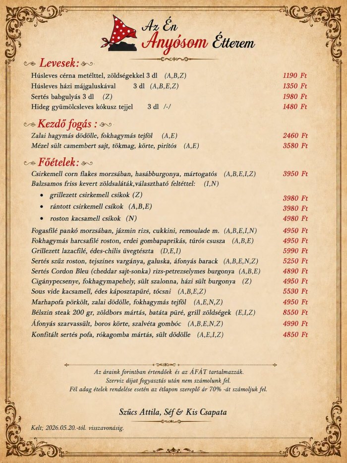 AzÉn Anyósom Étterem – à la carte étlap, 1. oldal